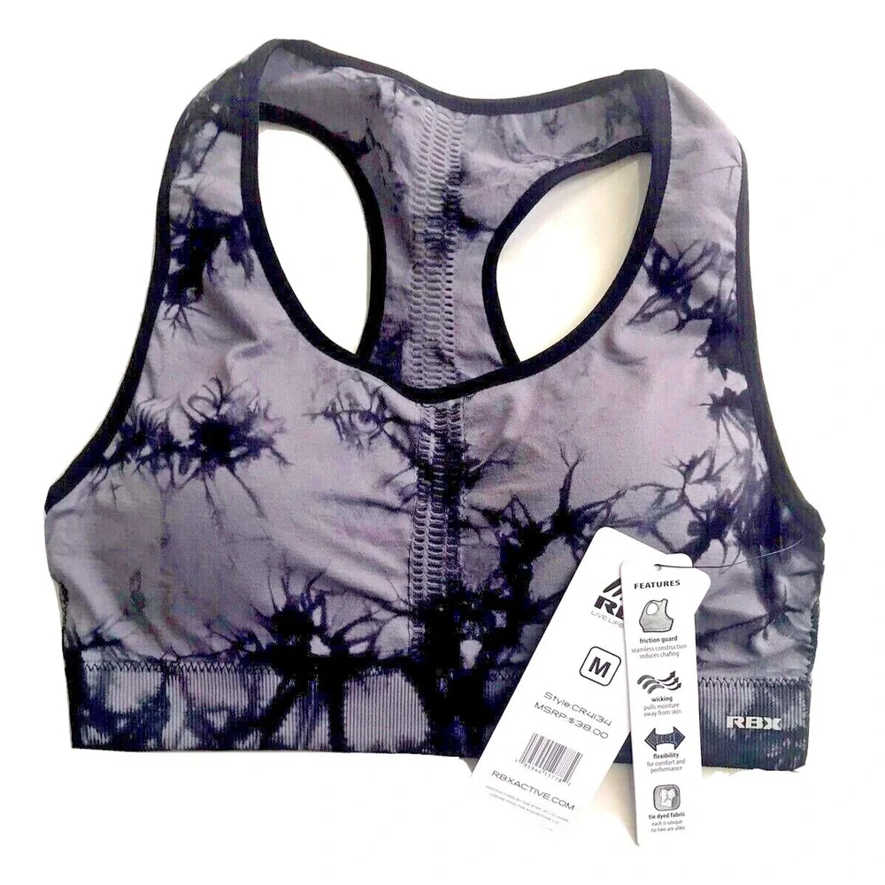 RBX Active Seamless Tie‑Dye Racerback Sports Bra Gray Black Size‎ M